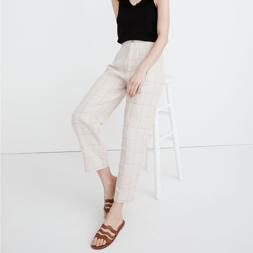Madewell Linen Pleated Taper Wide-Leg Pants in Windowpane